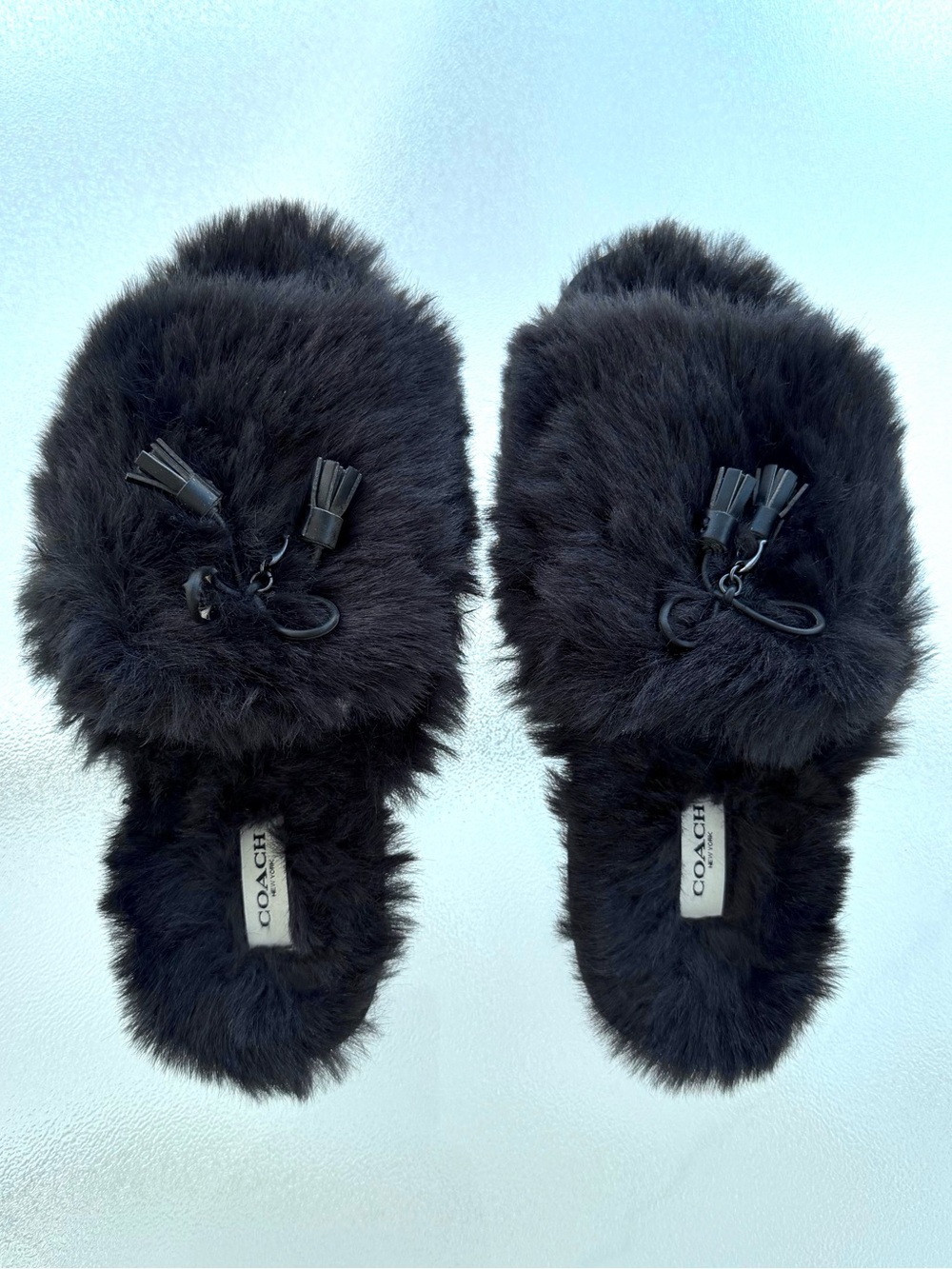 COACH Zoe Black Faux Fur Fuzzy Tassel Peep-Toe Slide Slippers ~ Women’s 7 - Picture 3 of 9
